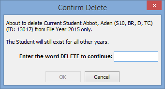 Confirm Delete - About to delete current student from the specified file year (after the new year has been created)
