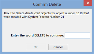 Confirm Delete window (Object Maintenance - General tab, deleting child objects)