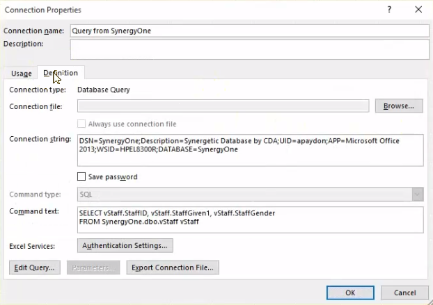 Connection properties window - Definition tab