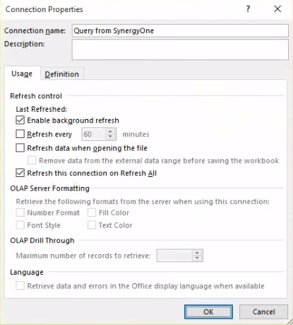 Connection properties window