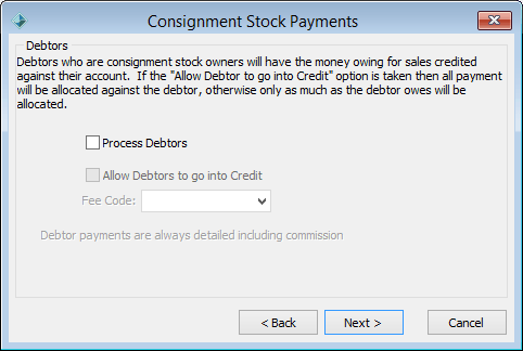 Consignment Stock Payments - Debtors window