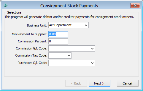 Consignment Stock Payments - Selections window