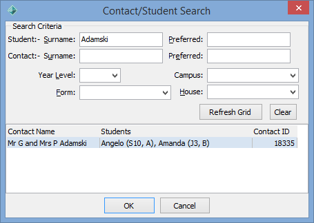 Contact student search window (populated)
