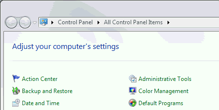 control panel - selecting administrative tools