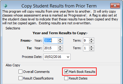 Copy Student Results from Prior Term (Mark Book Results flag highlighted)