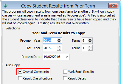 Copy Student Results from Prior Term (Overall Comments flag highlighted)