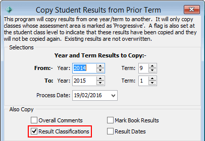 Copy Student Results from Prior Term (Results Classifications  flag highlighted)