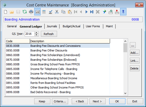 Cost Centre Maintenance - General Ledger tab