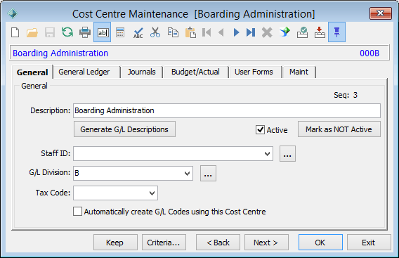 Cost Centre Maintenance - General tab