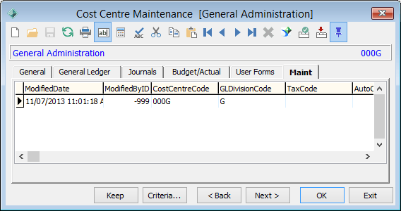 Cost Centre Maintenance - Maint tab