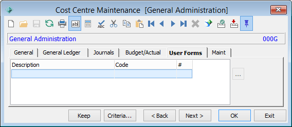 Cost Centre Maintenance - User Forms tab