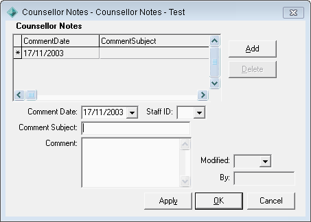 Counsellor Notes window