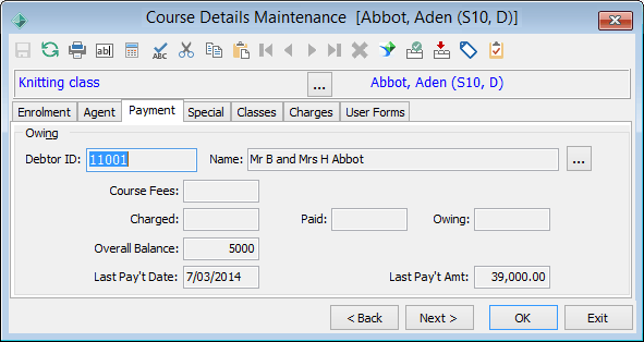 Course Details Maintenance - Payment tab
