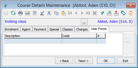 Course Details Maintenance - User Forms tab