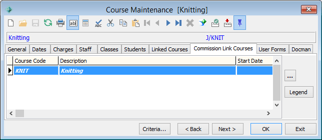 Course Maintenance - Commission Link Courses tab