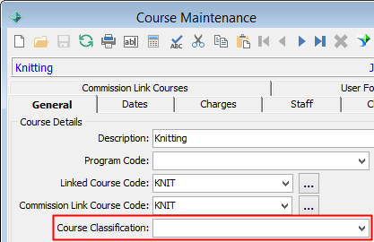 Course Maintenance - General tab (Course Classification field highlighted)