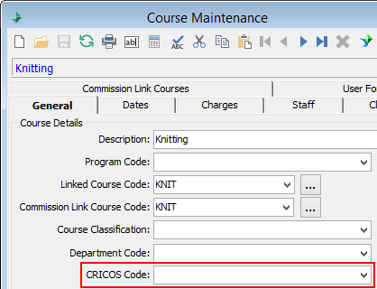 Course Maintenance - General tab (CRICOS code highlighted)