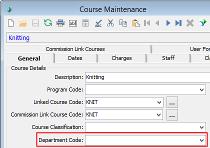 Course Maintenance - General tab (Department Code field highlighted)