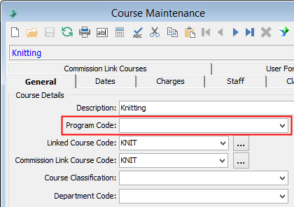 Course Maintenance - General tab (Program Code field highlighted)