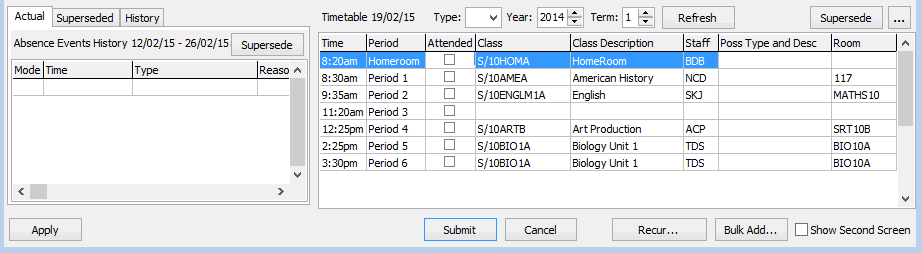 Create Absence Event (Actual and Superseded tabs, timetable grid, 63)