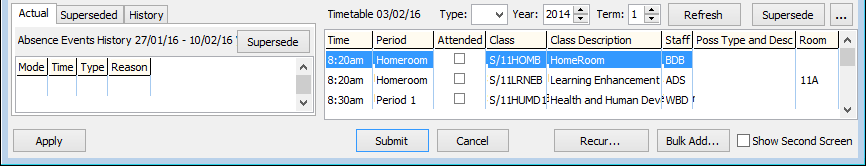 Create Absence Event (Actual and Superseded tabs, timetable grid, 63, Agius Anthony)