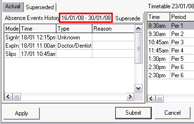 Create Absence Event window (Actual tab)