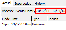 Create Absence Event window (Actual tab, cutdown)