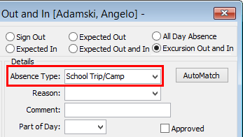 Create Absence Event window (Excursion Out and In, cut down)