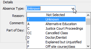 Absence Type drop-down list (Create Absence Event window)