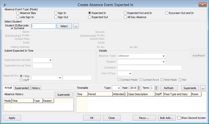Create Absence Event (expected in, added area)
