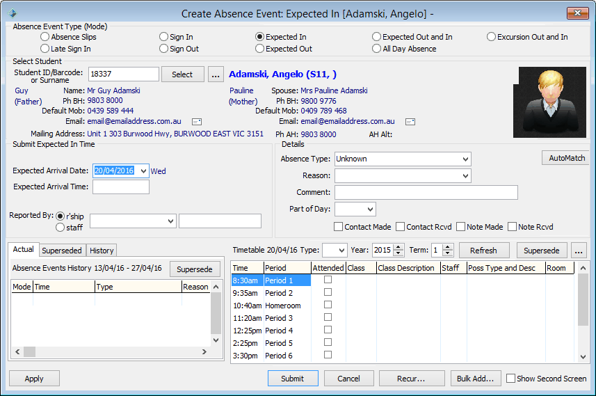 Create Absence Event (Expected in, populated, added area)