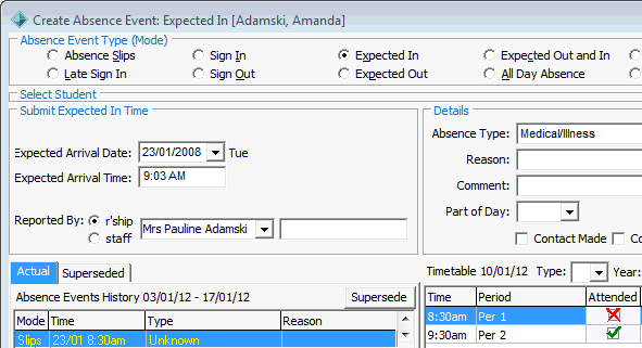 Create absence event (expected in, superseding)
