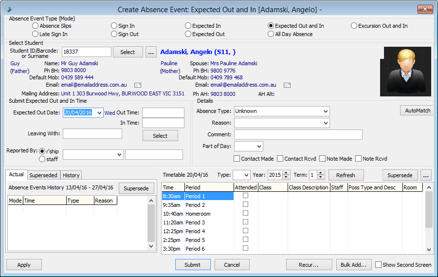 Create Absence Event (expected out and in, populated, area added)