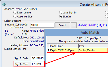 Create Absence Event window (including Auto Match, cutdown)