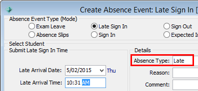 Create Absence Event (Late Sign In, highlight Absence Type).gif