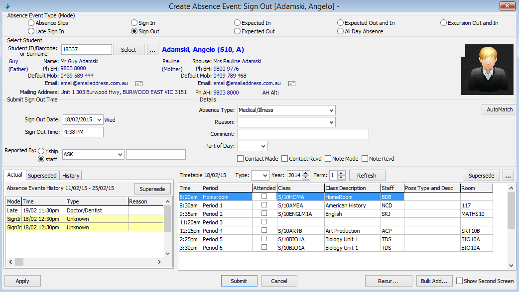 Create Absence Event (Sign out, populated, added area)