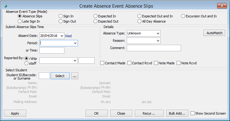 Create Absence Event - Absence slips (visible Exam Leave)