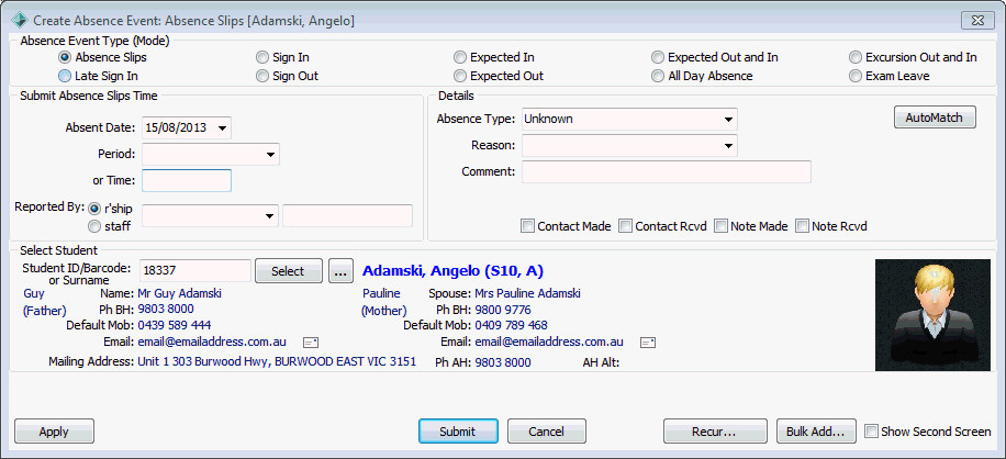 Create Absence Event - Absence slips, populated (added area)