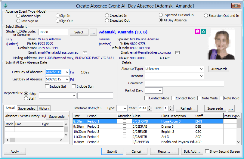 Create Absence Event - All Day Absence (populated, after select student, added area)