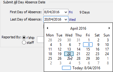 Create Absence Event - All Day Absence (populated, Submit All Day Absence Date region)