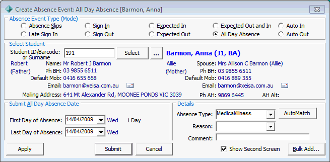 Create Absence Event - All Day Absence (resolving absence events)
