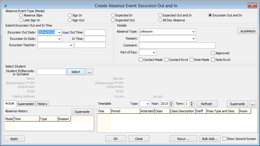 Create Absence Event - Excursion Out and In