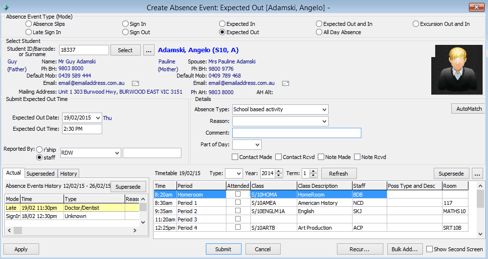 Create Absence Event - Expected Out (populated, 1, added area)