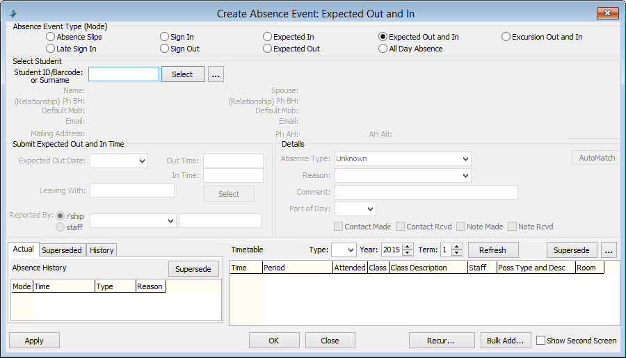 Create Absence Event - Expected Out and In (added area)