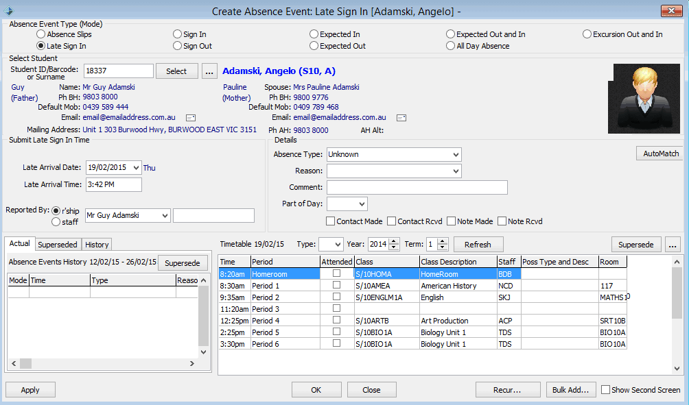 Create Absence Event - late sign in (populated, added area)