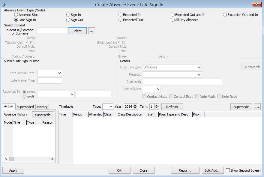 Create Absence Event - Late Sign In