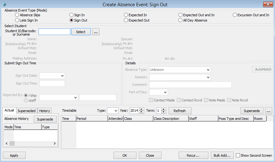 Create Absence Event - sign out (added area)