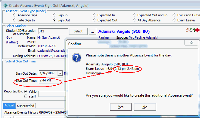 Create Absence Event - Sign Out (plus Confirm - Another absence event)