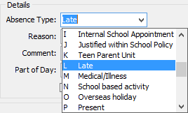 Create Absence Events window (Details area, cutdown)