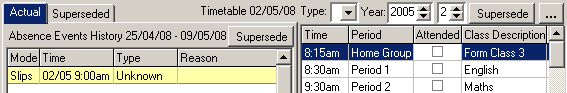 Create Absence Event window - Absences History and Timetable grids